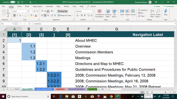 Content inventory spreadsheet auditing the existing MHEC site